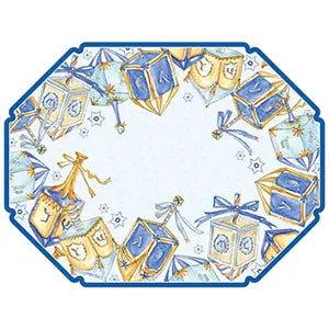 Posh Die Cut Placemat Handpainted Blue & Gold Dreidels on Star of David Background