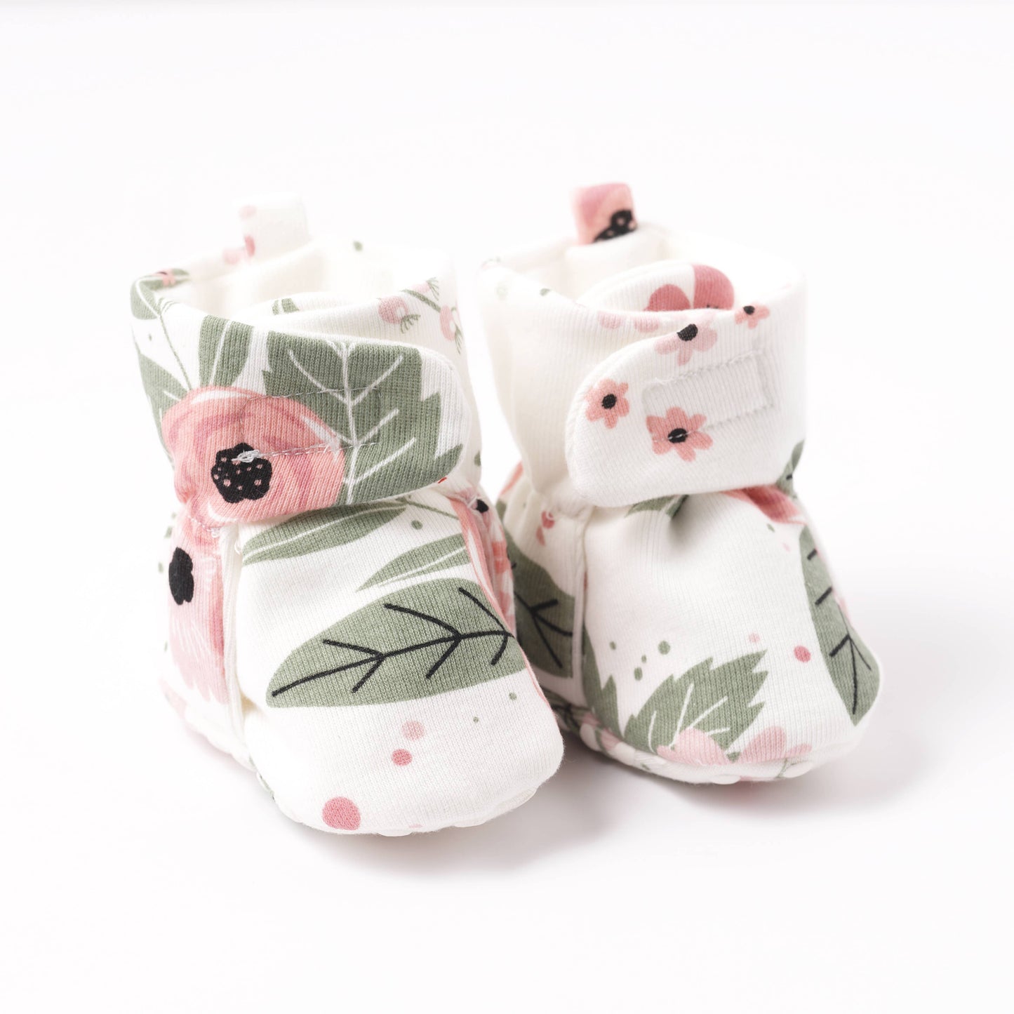 Baby Booties Floral Cotton: Soft Coral/Green / NB-3M