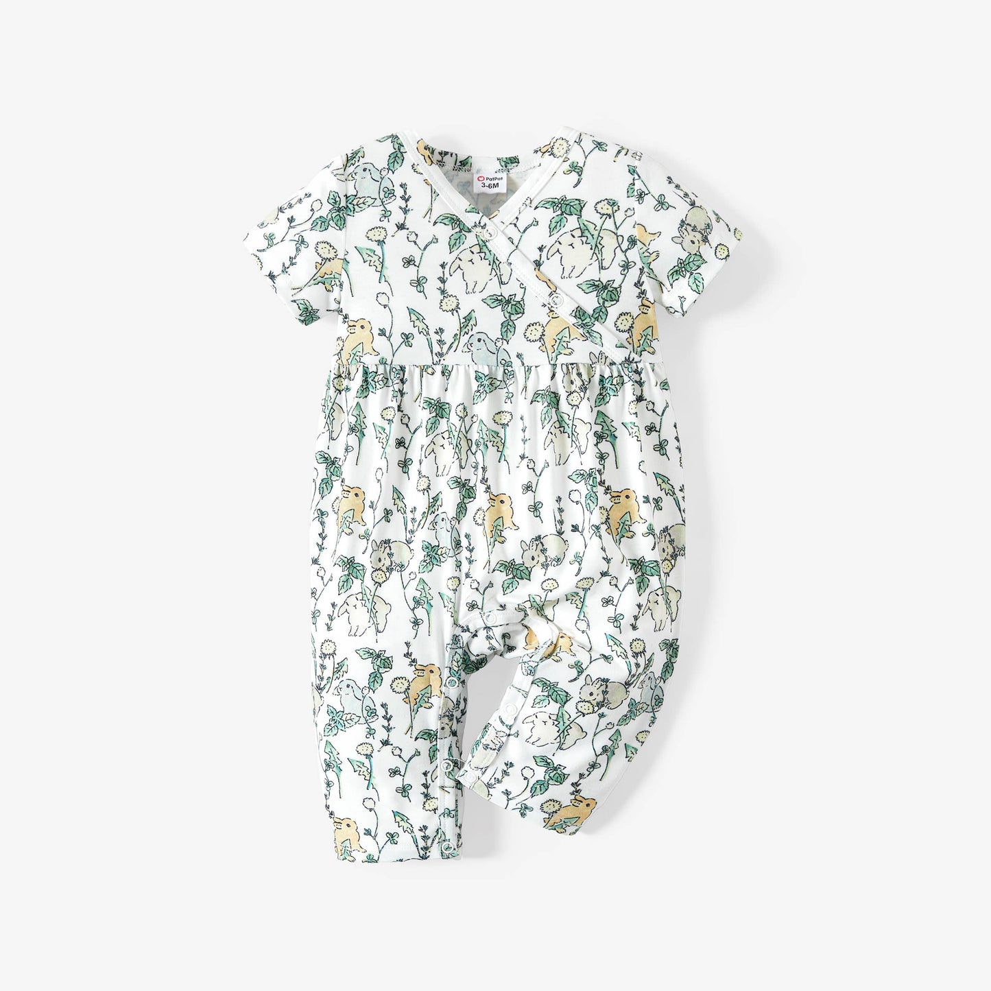 Baby Girl All Over Rabbit  Solid Ribbed V Neck Jumpsuit