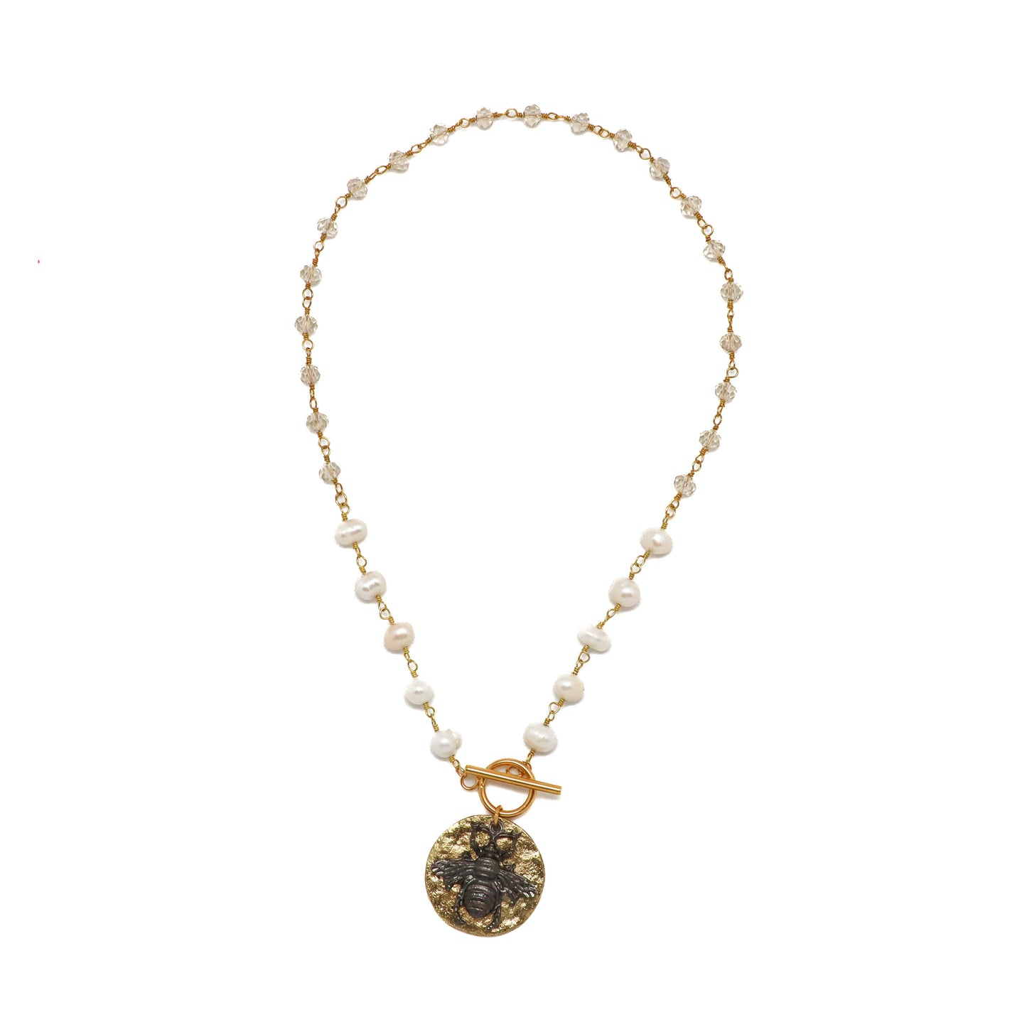 Necklace Freshwater Pearl Clear Glass Chain 2 Tone Bug 20”