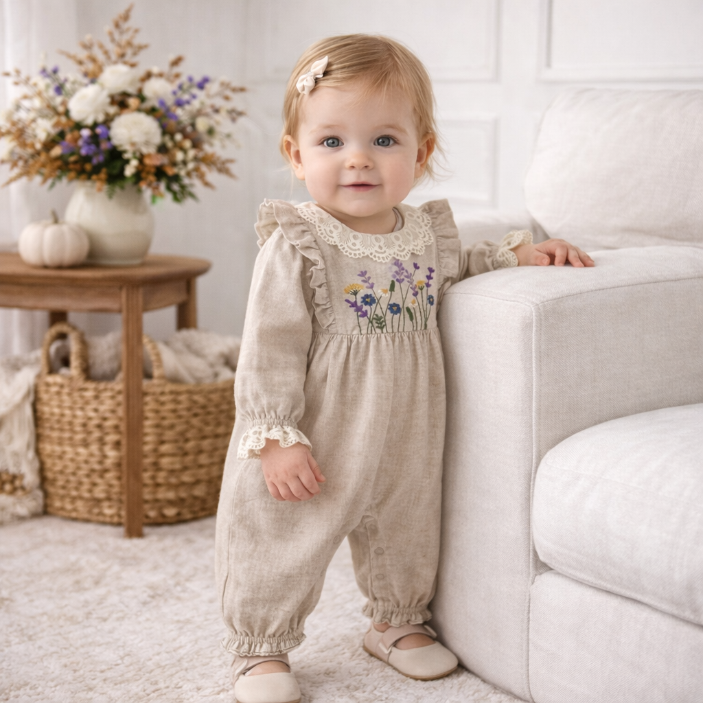 Embroidered Wildflower Linen Baby Romper With Lace Trim: 9-12M
