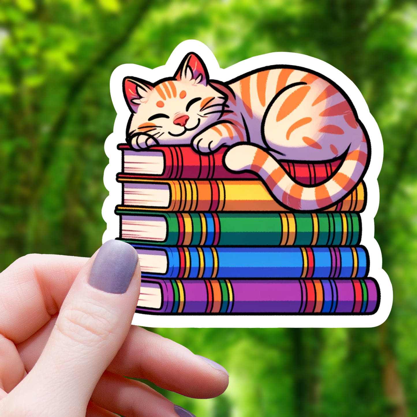 Pegatina de gato tabi sobre una pila de libros - 7,6 cm