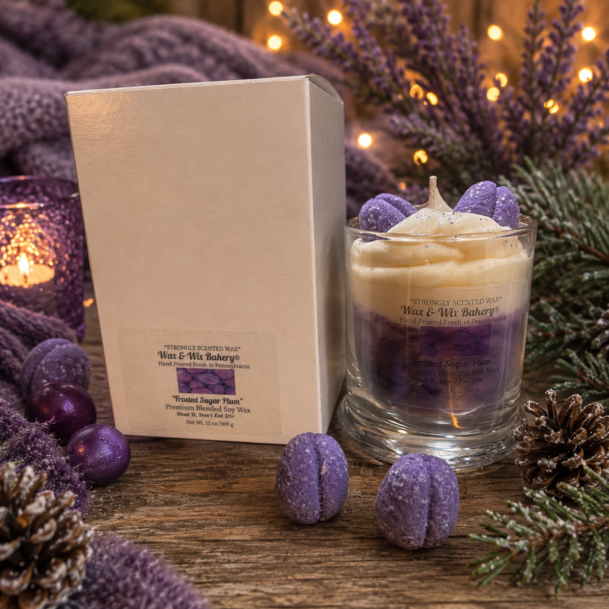 Frosted Sugar Plum Candle. 13oz. Large Soy Dessert Candle