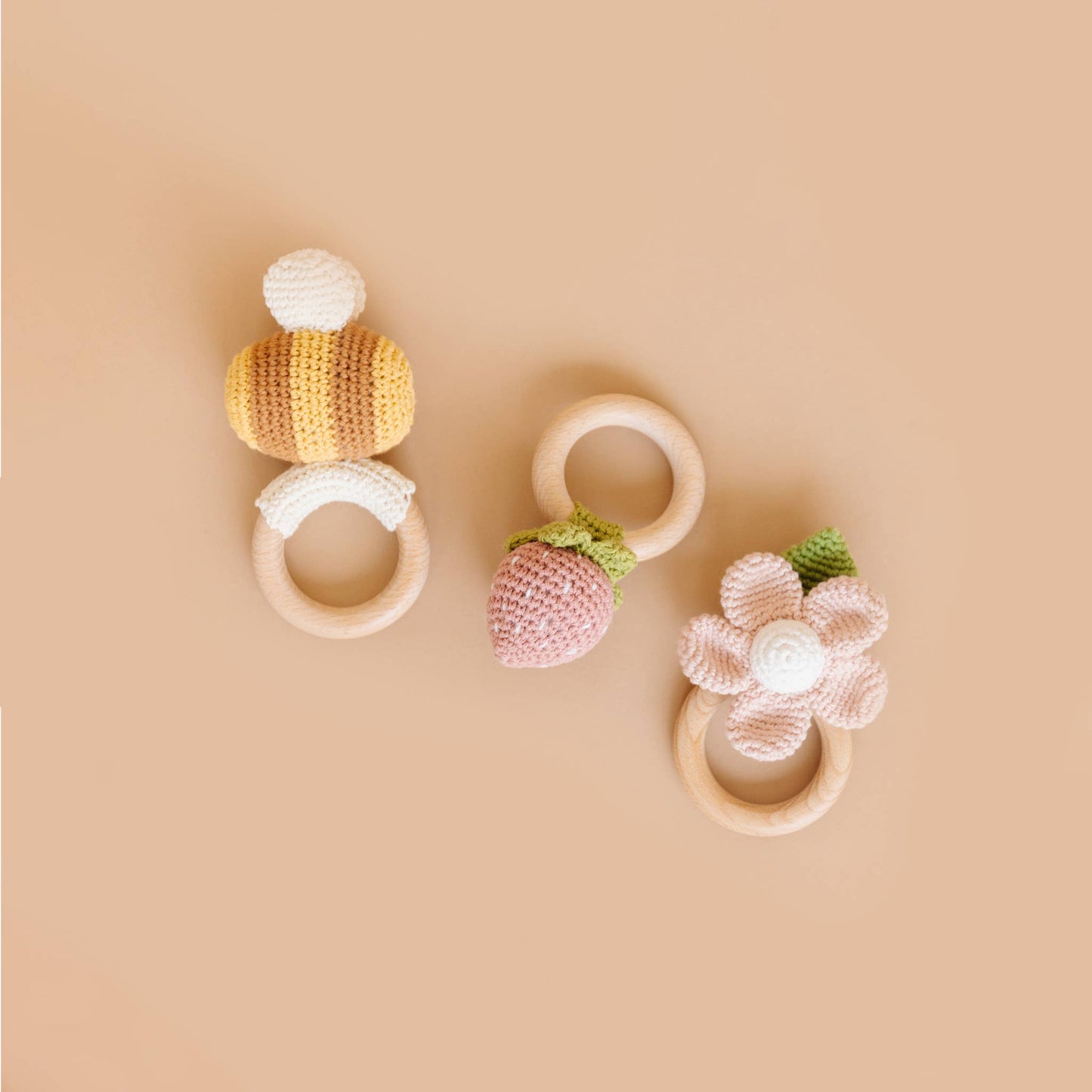 Crochet Rattle Teether Strawberry Pink Baby Toy Spring Summe
