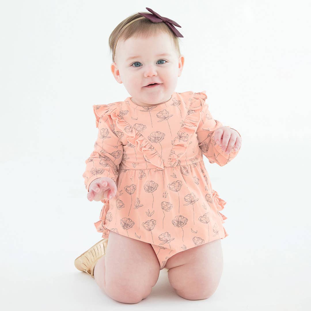 RuffleButts + RuggedButts - Baby Girls Antique Rose Knit Long Sleeve V-ruffle Bubble Romper