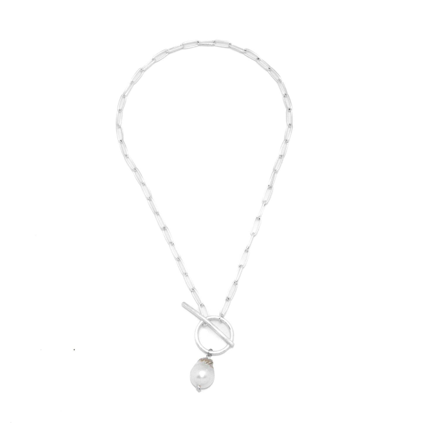 Necklace Paper Clip Matte Silver w/Baroque Pearl 18”