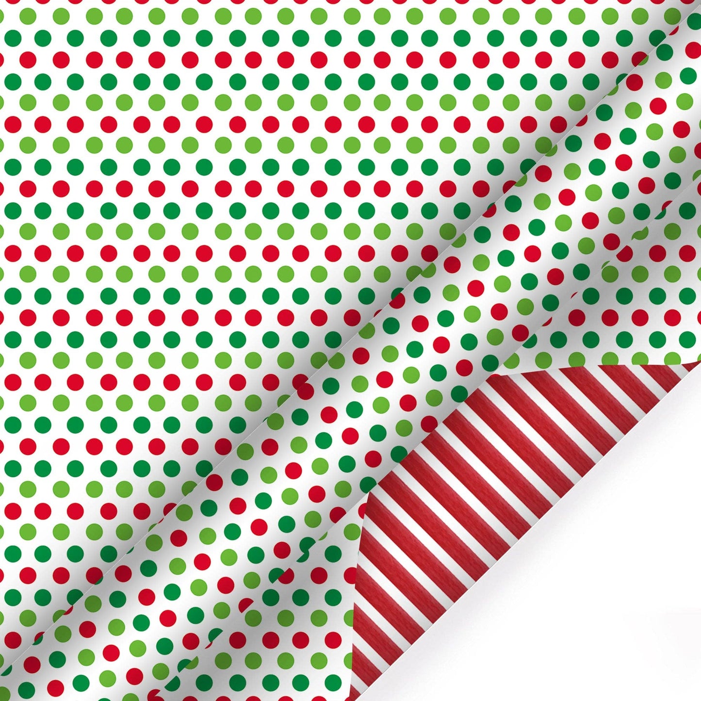 30" x 10' Holiday Reversible Wrapping Paper | Red & Green Dots on White/Red & White Diagonal Stripe