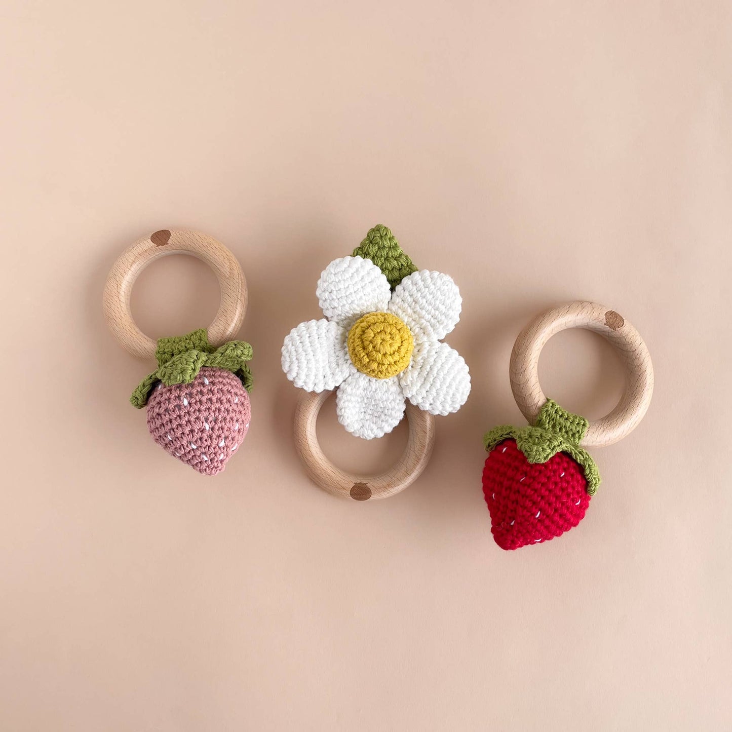 Crochet Rattle Teether Strawberry Pink Baby Toy Spring Summe