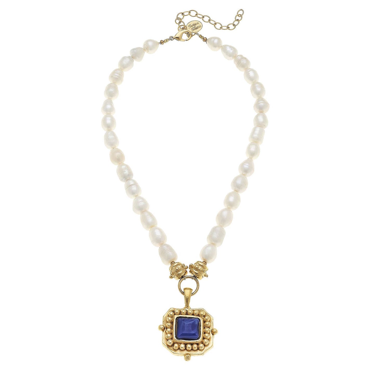 Susan Shaw - Gold Blue Crystal Pendant on Genuine Freshwater Pearl Necklace