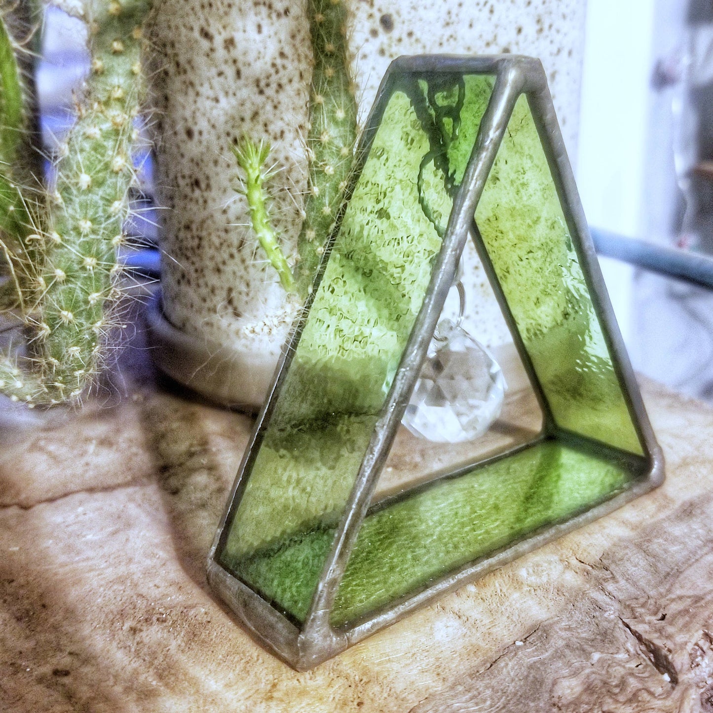 Hand Crafted Stained Glass Triangle w/Crystal Prism