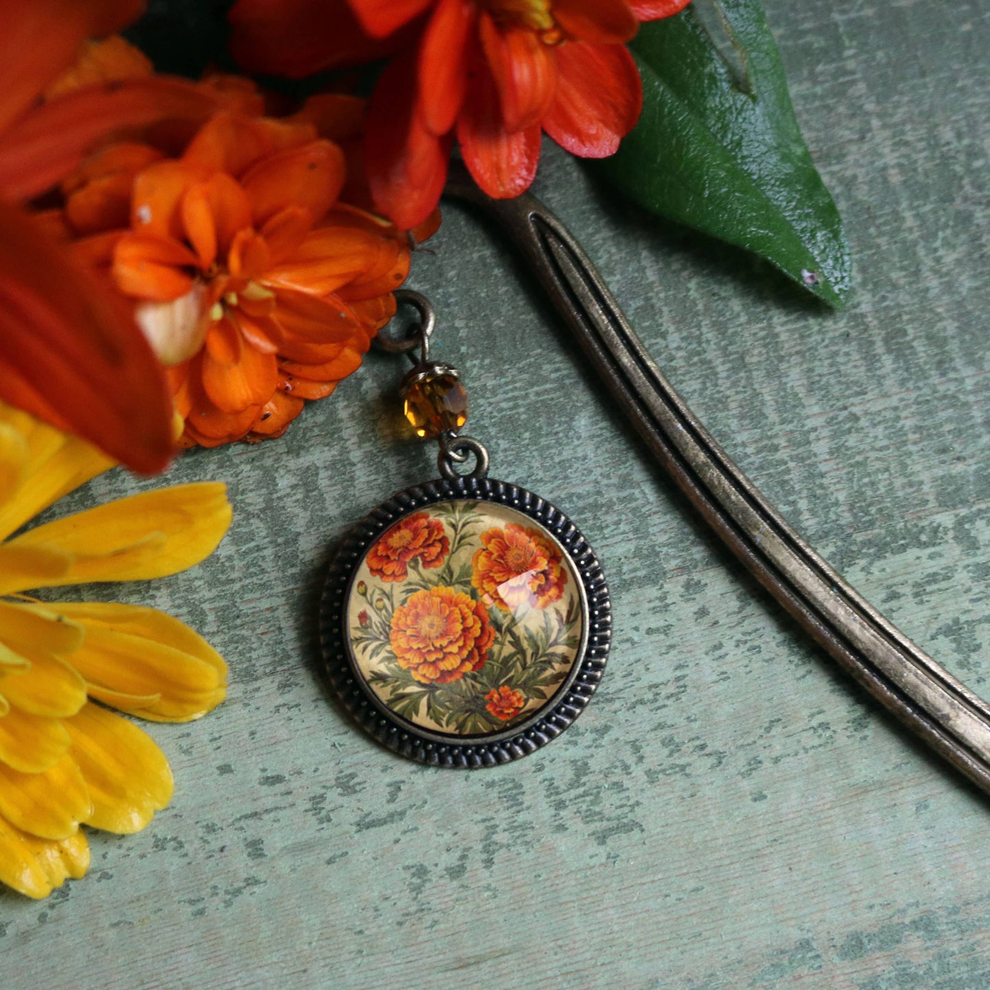 Marigold Flowers Bronze and Glass Cabochon Bookmark