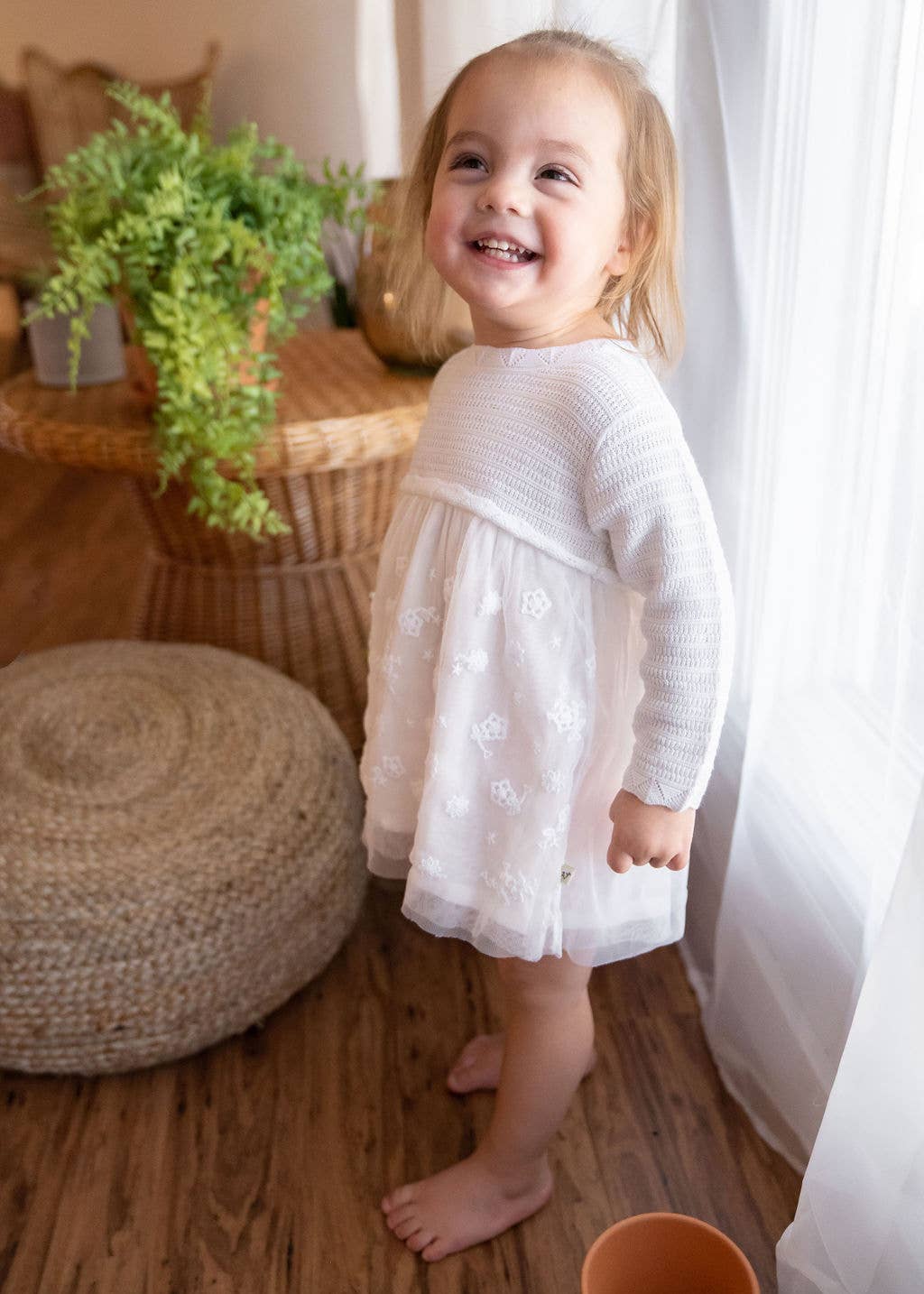 Milan White Floral Embroidered Tutu Knit Baby Dress Organic