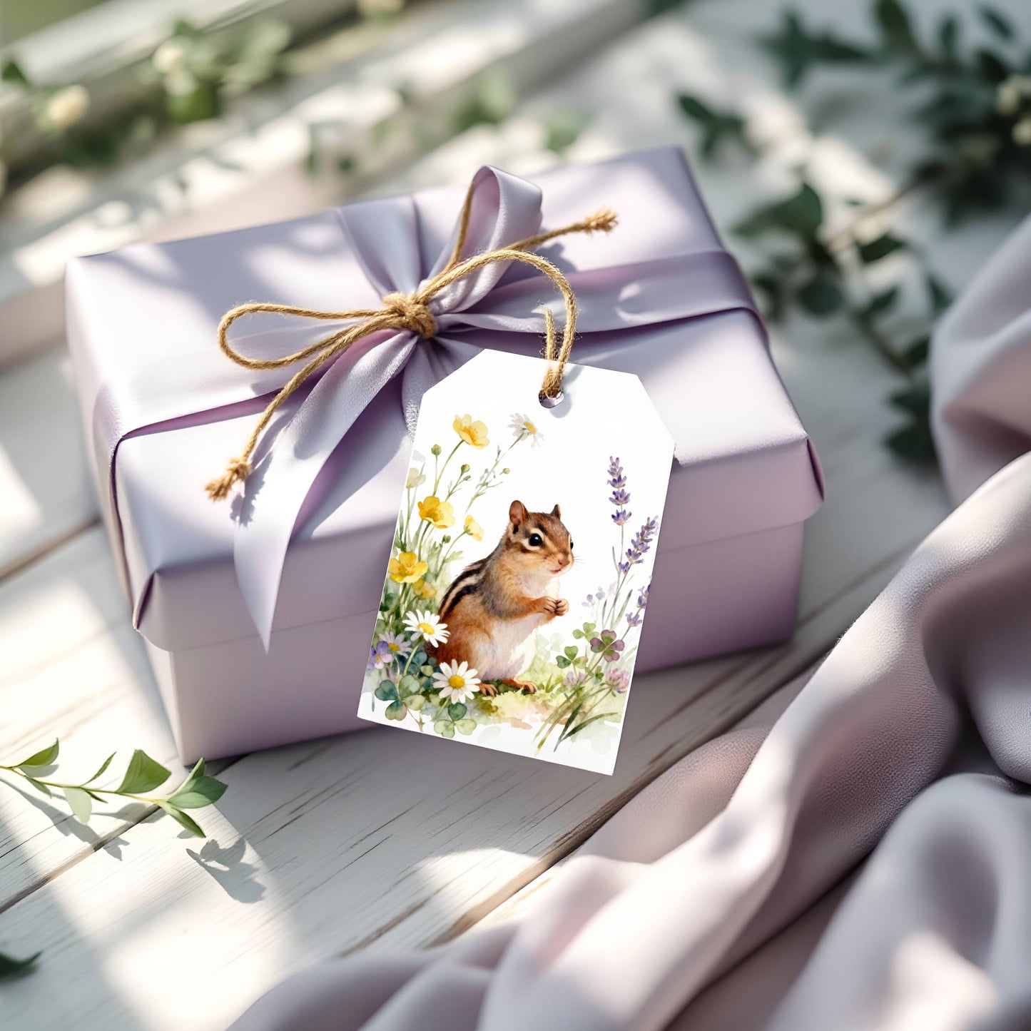 Chipmunk in Wildflowers Gift Tags Set of 8 with Kraft Twine