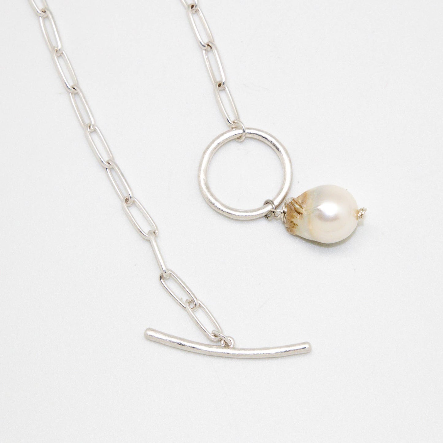 Necklace Paper Clip Matte Silver w/Baroque Pearl 18”