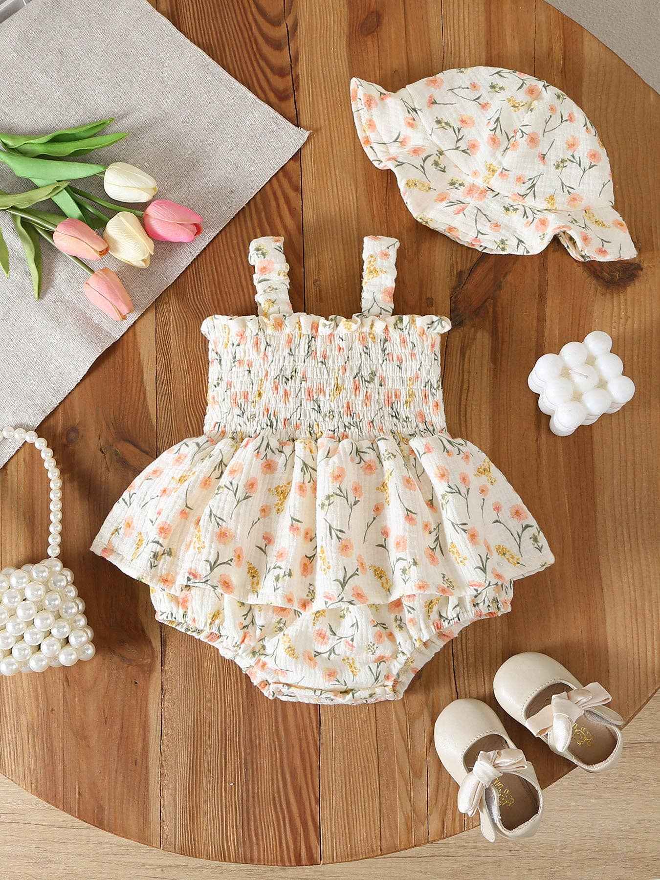 Summer Ditsy Floral Smocked Baby Girl Romper Set Hat: 12M