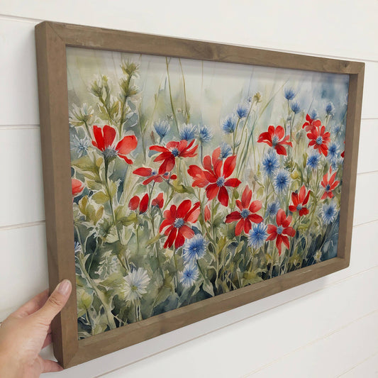 Flores rojas, blancas y azules - Arte floral en lienzo - Arte con marco de madera