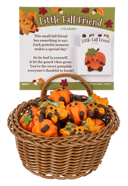 Fall Friend Pocket Charm, A smiling orange pumpkin figurine and a smiling maple leaf figurine with a green ribbon bow.
