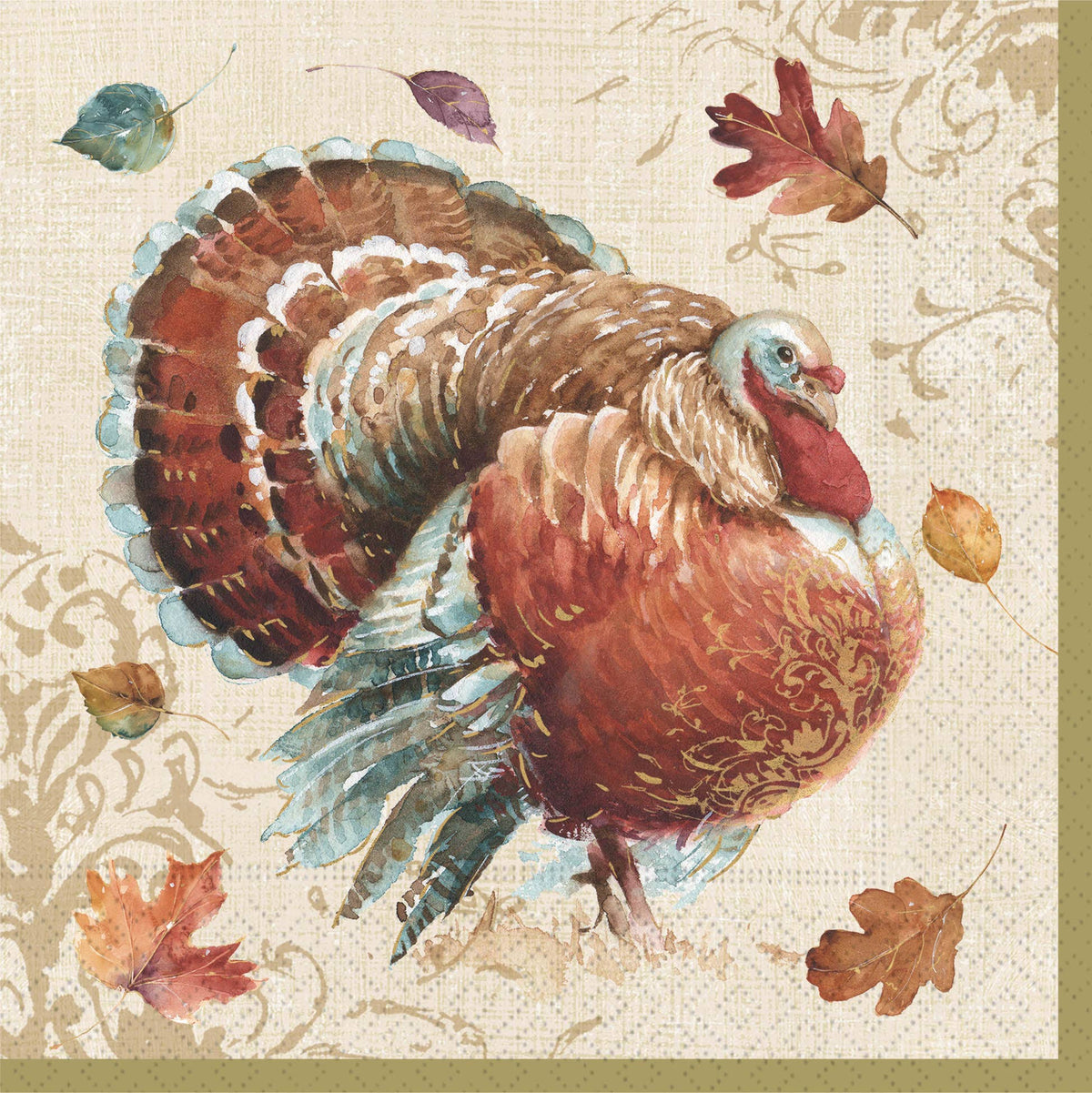 Fall Paper Luncheon Napkin, A square paper napkin painted in watercolor with two orange pumpkins and green leaves on white, edged with an olive gold border.
