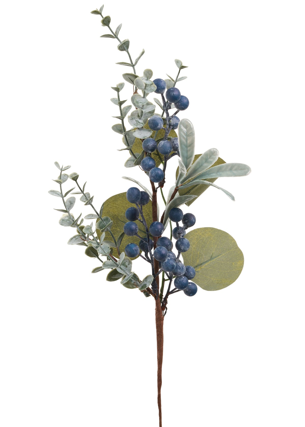 Faux Blueberry Stem, An artificial stem of dusty blue berries with sage green leaves in two clusters along a single brown stem.