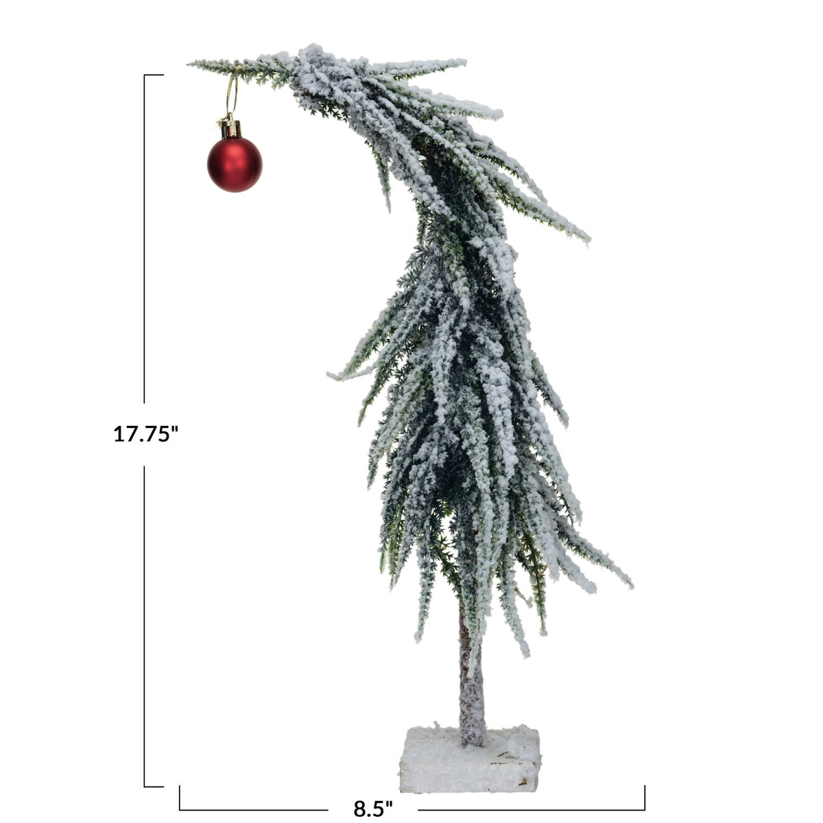 Faux Evergreen Tabletop Tree with Red Ball Ornament and Snow Finish, A snow dusted faux evergreen tabletop tree with a red ball ornament, set on a simple wood base.