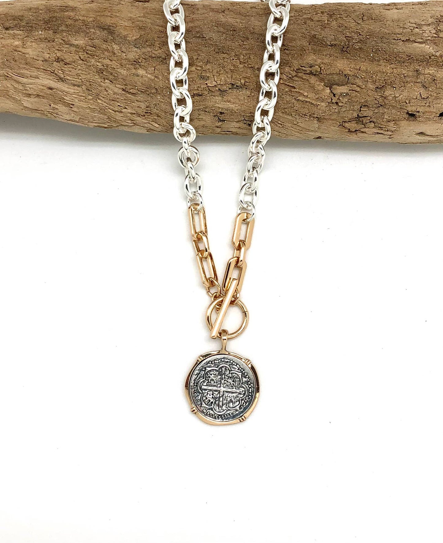 Necklace Alloy Plated Silver Link Chain w/Coin Drop 18”
