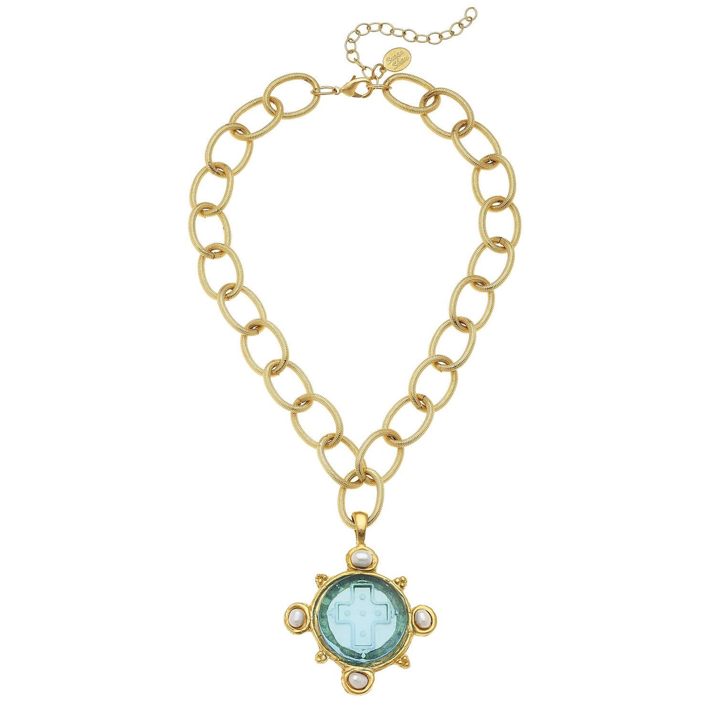Susan Shaw - Aqua Venetian Glass Cross & Freshwater Pearls Necklace
