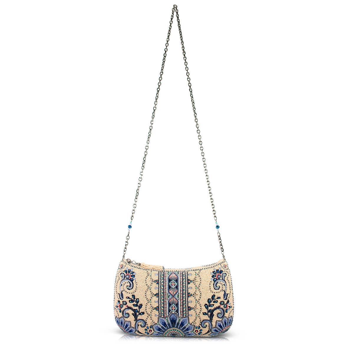 Mary Frances Accessories - Mediterranean Mood Blue & Cream Floral Beaded Crossbody Bag
