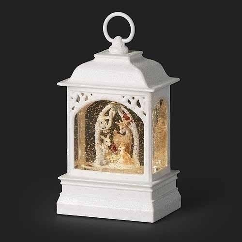 8" Woodland Manger Scene White Snow Globe