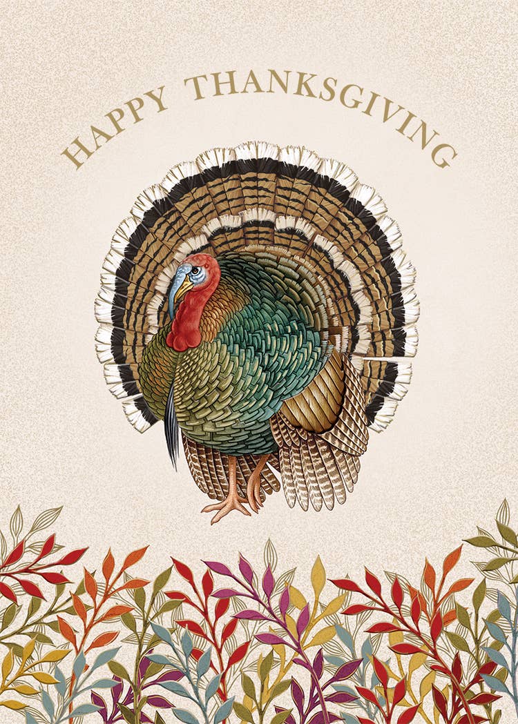 Foliage And Feathers Greeting Card, Front of a cream card with a detailed turkey in green and bronze plumage and a banded fan tail, HAPPY THANKSGIVING in gold lettering arched above it and a border of red, orange, purple and teal leaves along the bottom.