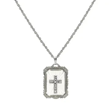 Silver Tone Frosted Stone with Crystal Cross 18in