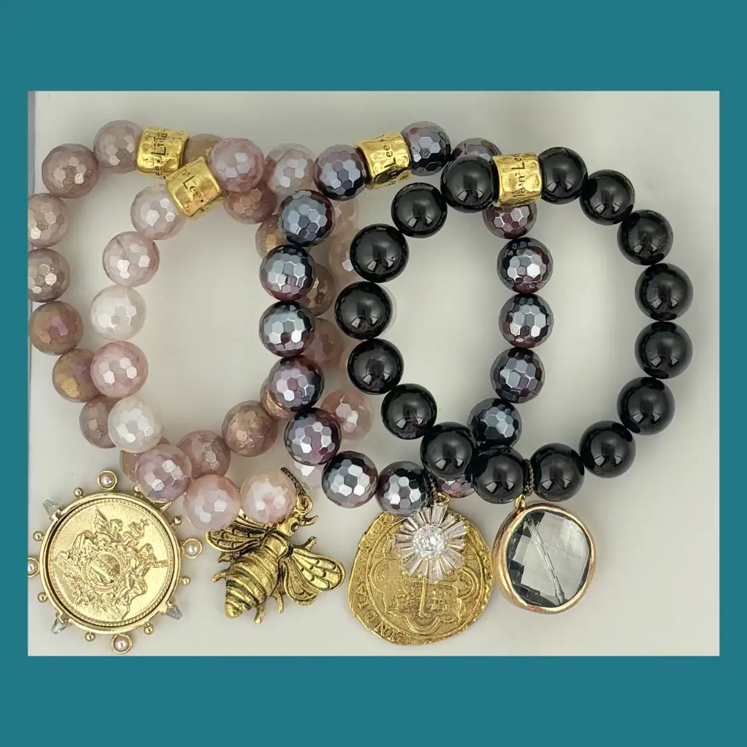 Gemstone Stretch Bangle Bracelet in Burgandy/Brown Tones with Gold Plated Pewter and Crystal