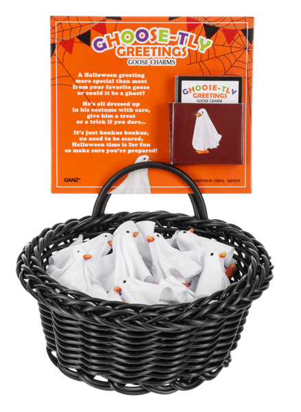 Ghoose-tly Greetings Goose Pocket Charm, A goose figurine draped in a white ghost sheet with an orange bill and orange feet.