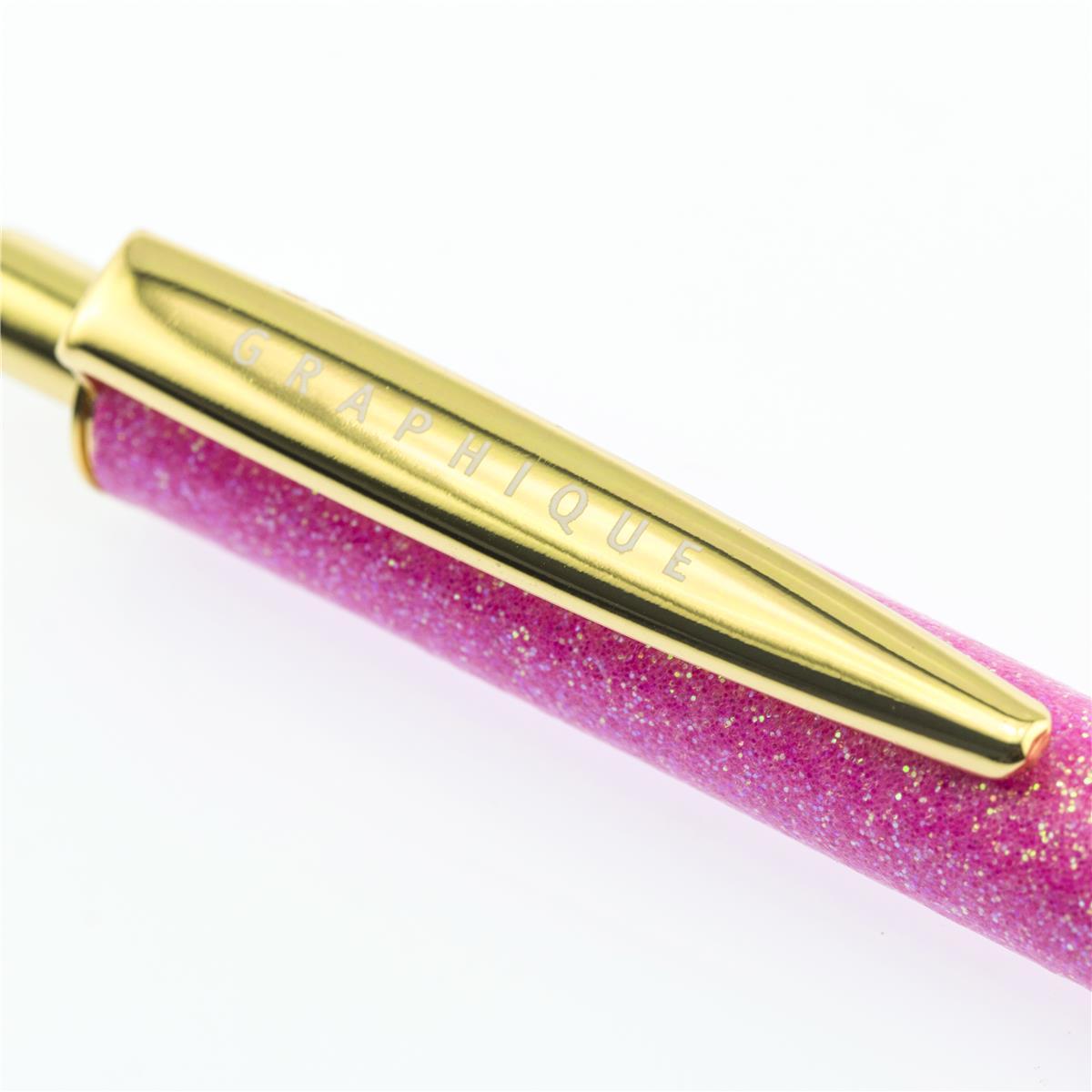 Glitter All the Way Deluxe Pen, A pink glitter click pen with a gold metal clip, tip, and click top.