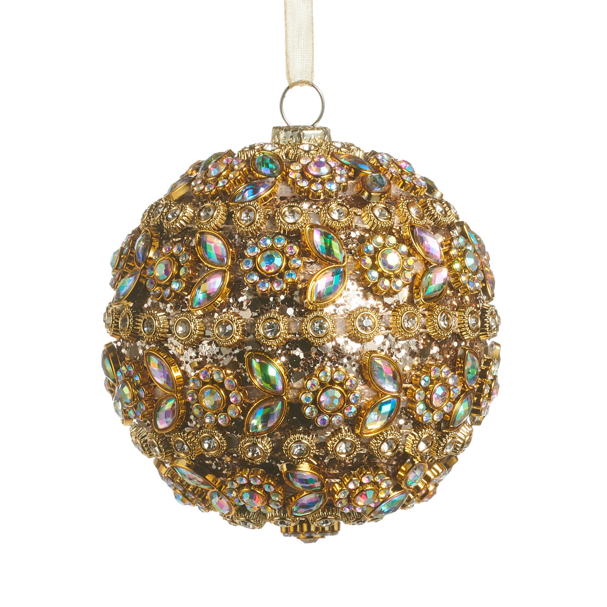 Gold Jewel Crusted Ball Ornament, A round ornament fully covered in gold and iridescent faceted gems in a dense jeweled pattern.