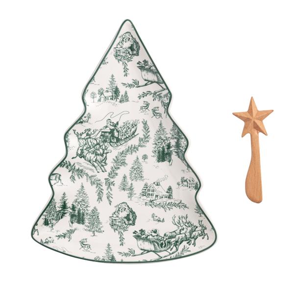 Green Toile Tree Platter w/ Spreader