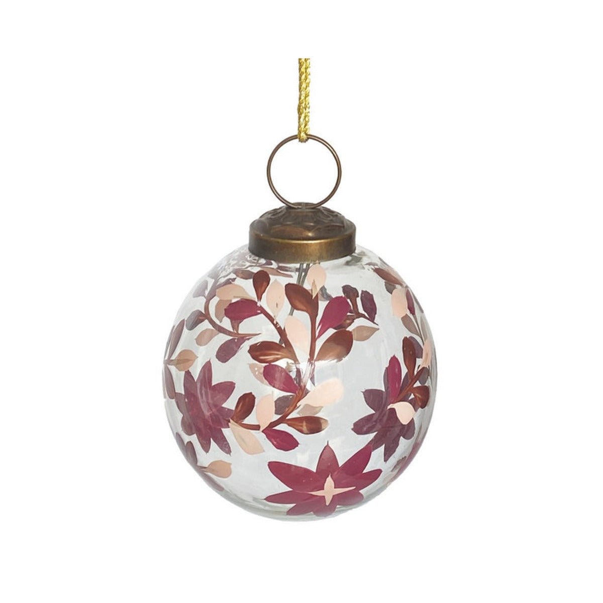 Hand-Painted Glass Ball Ornament with Poinsettia Design, Leafy Vines