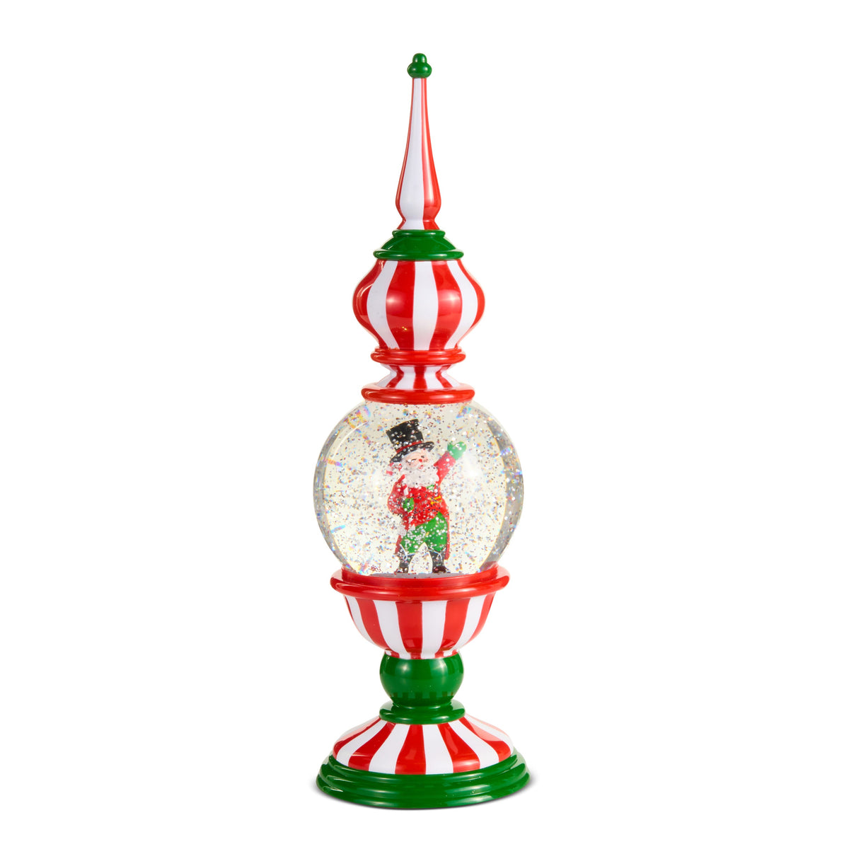 Holiday Circus Santa Lighted Water Finial, A tall red-and-white striped finial with green bands and a pointed top, holding a glitter globe with Santa in a black top hat and red coat waving.