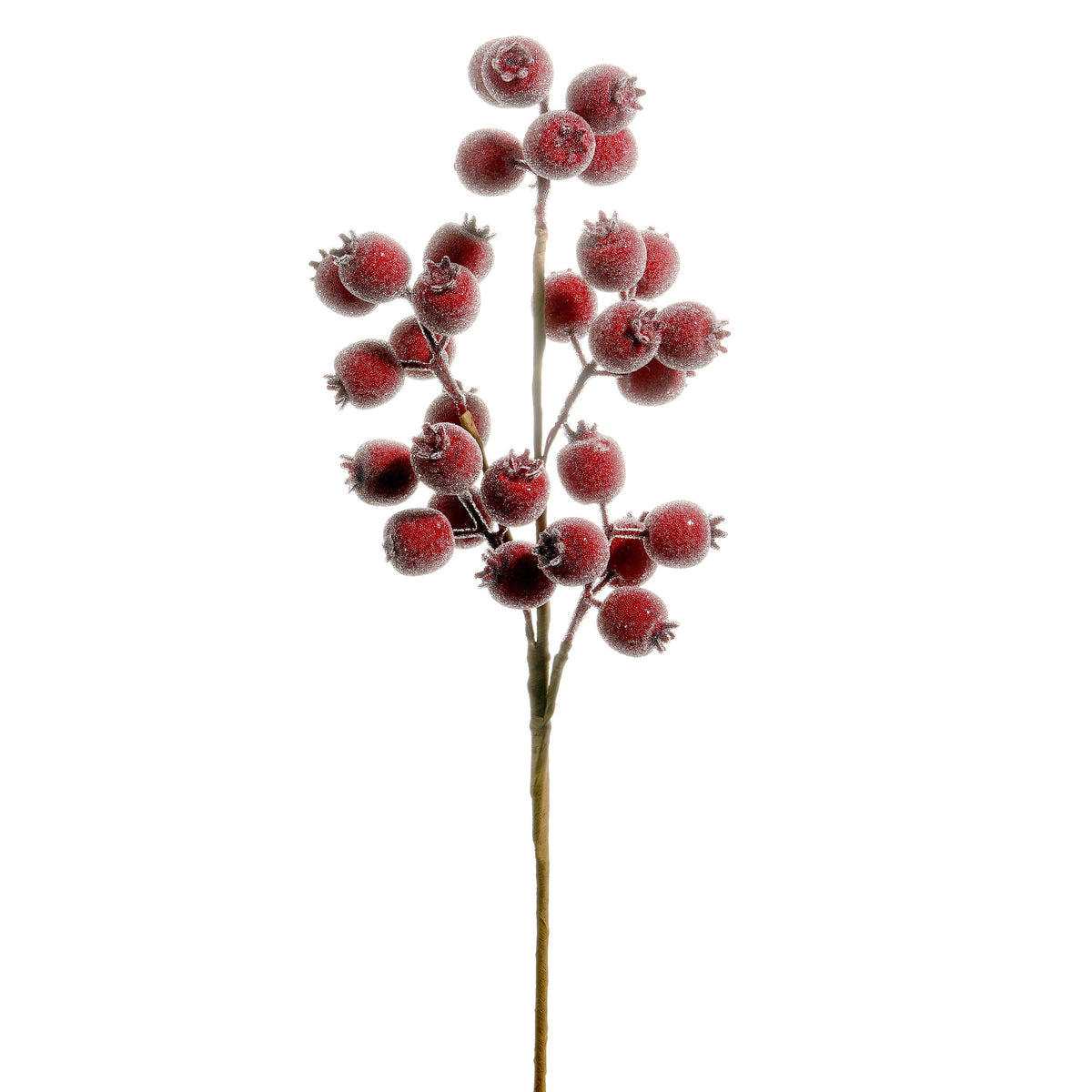 Iced Burgundy Berry Pod Spray, A single faux berry spray with clusters of frosted dark red berry pods branching from a tan paper-wrapped stem.