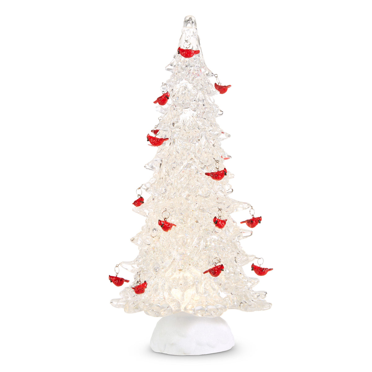 Lighted Cardinal Tree with Swirling Glitter, A lighted clear tree on a white base hung with small red cardinal ornaments.
