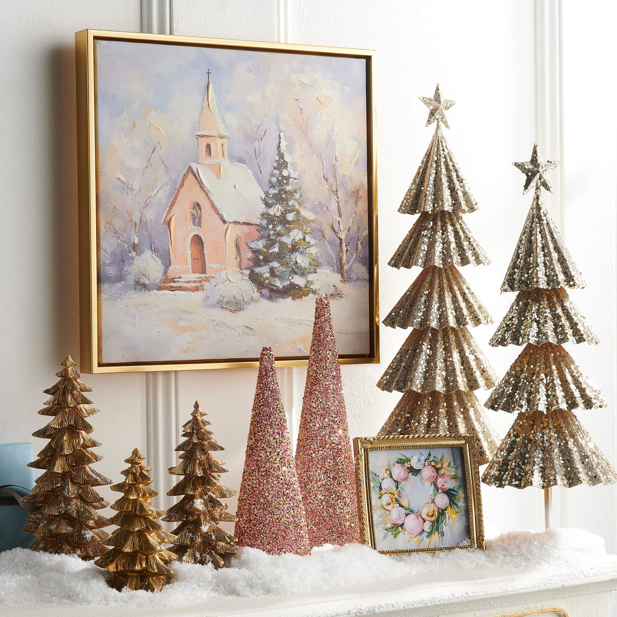Lighted Pink Beaded Cone Tree, A cone tree covered in pink and gold beads and glowing softly from inside, shown in its small and large sizes.