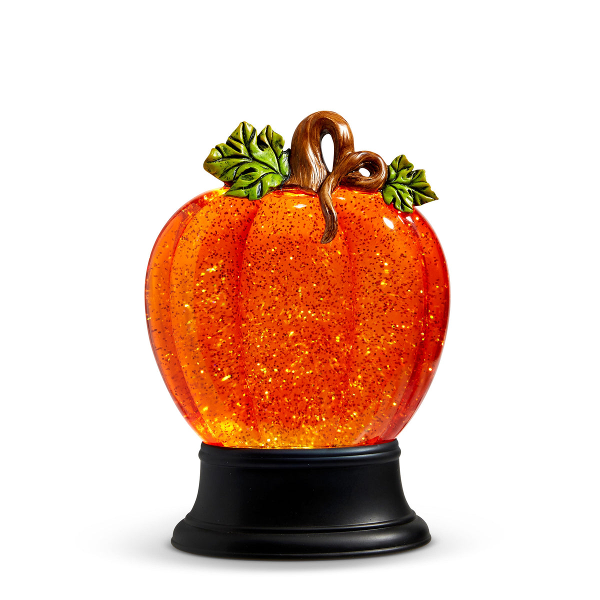 Lighted Swirling Glitter Water Pumpkin, An orange pumpkin-shaped water globe filled with sparkling glitter, with a sculpted brown stem and green leaves on top, sitting on a round black base.