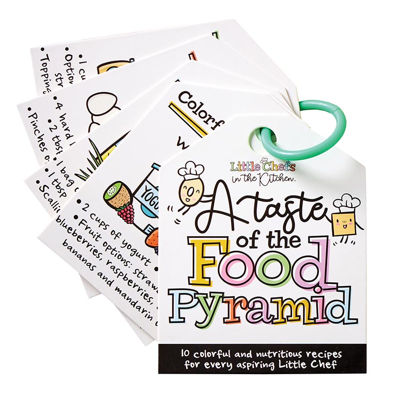Little Chefs in the Kitchen Food Pyramid Recipe Cards, Recipe cards fanned out on a teal ring, the front card reading A Taste of the Food Pyramid with two chef-hatted food characters and the line 10 colorful and nutritious recipes for every aspiring Little Chef.
