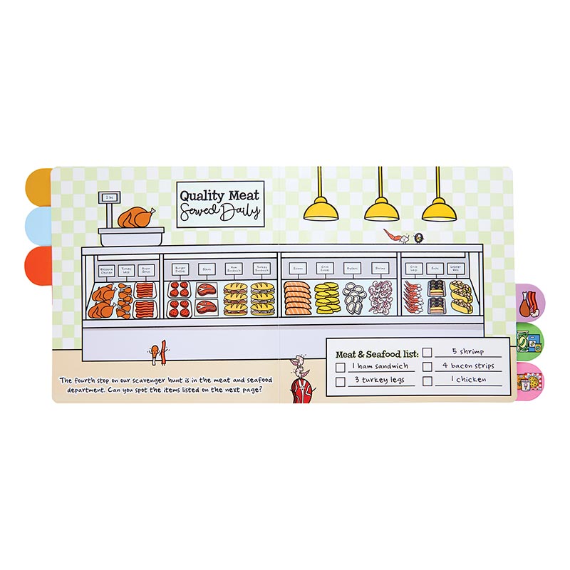 Little Chefs in the Kitchen Grocery Store Scavenger Hunt Board Book, The cover of the Grocery Store Scavenger Hunt board book, showing a shopping cart with three smiling food characters above a black and white checkered band, with six food-picture tabs down the right edge.
