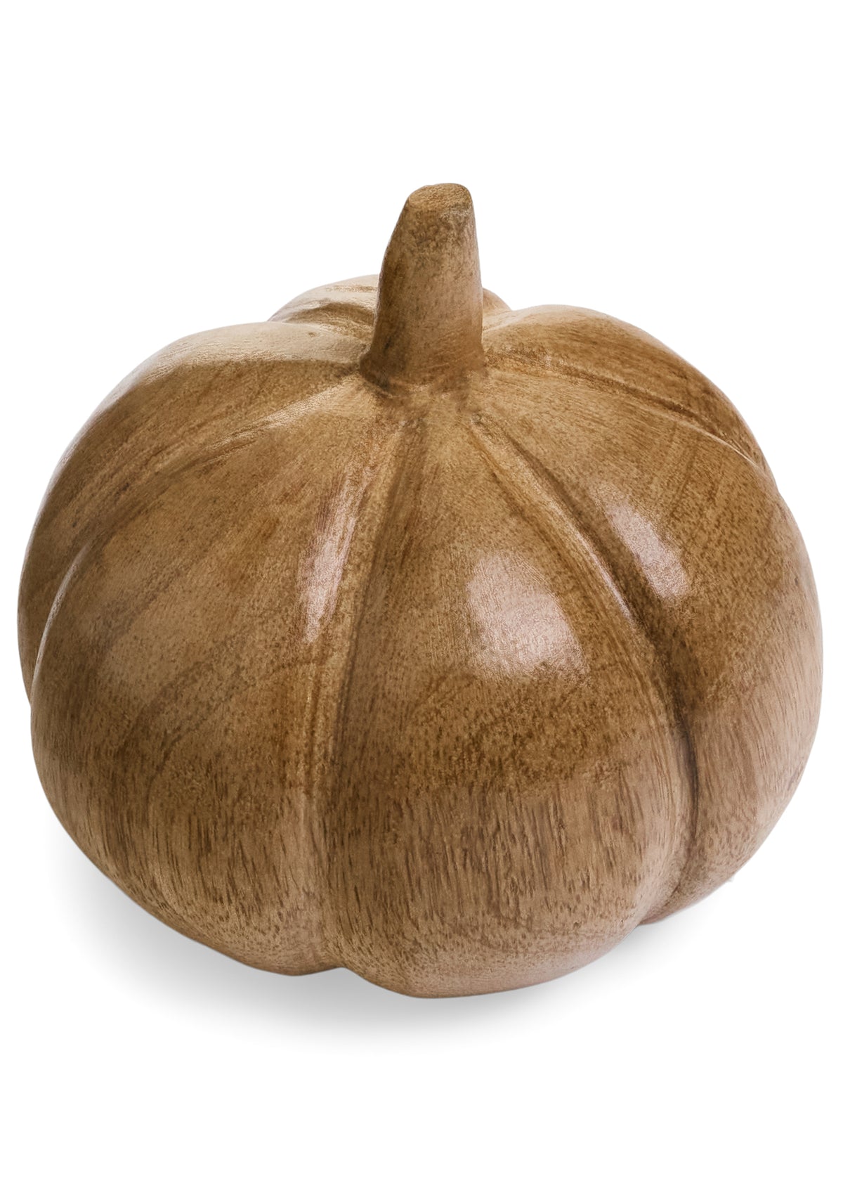 Mango Wood Pumpkin, A natural mango wood pumpkin with deep carved ribs and a short carved wood stem.