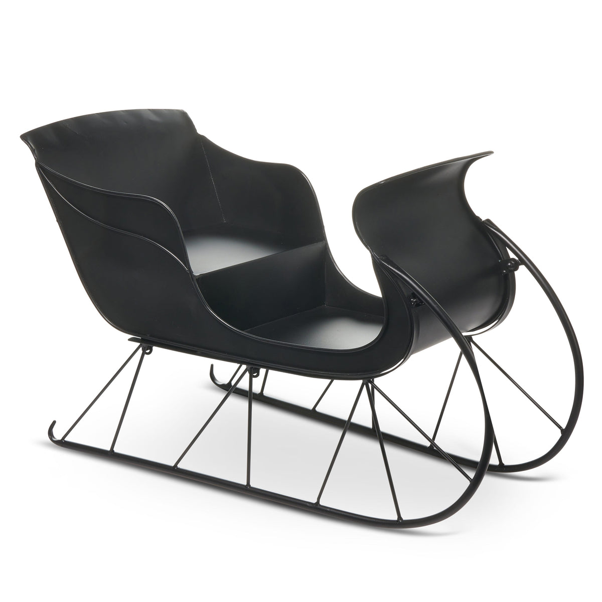Matte Black Iron Sleigh, A matte black iron sleigh with a high curved back, a scrolled front and slender runners braced with thin spokes.