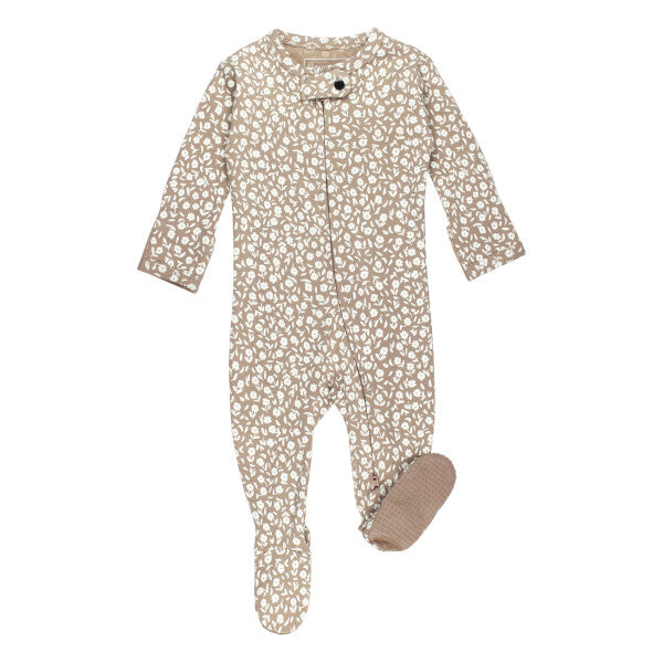 Organic Cotton 2-Way Zipper Footie, Oatmeal Ditsy Floral, An oatmeal footie with an allover white ditsy floral print, a front zipper, and matching grip-dot footed soles.