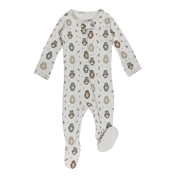 Organic Cotton 2-Way Zipper Footie, Owl Print, A pale gray baby footie printed with small owls, moons, and leaves, featuring a front zipper and a fold down foot with a grip sole.