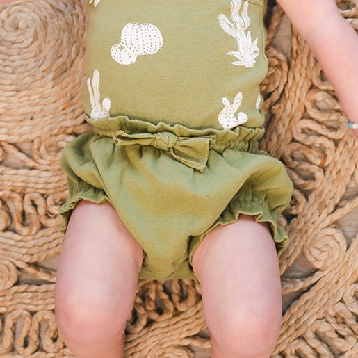 Organic Criss-Cross Bodysuit and Ruffle Bloomer Set, Sage Cactus Print, view 5
