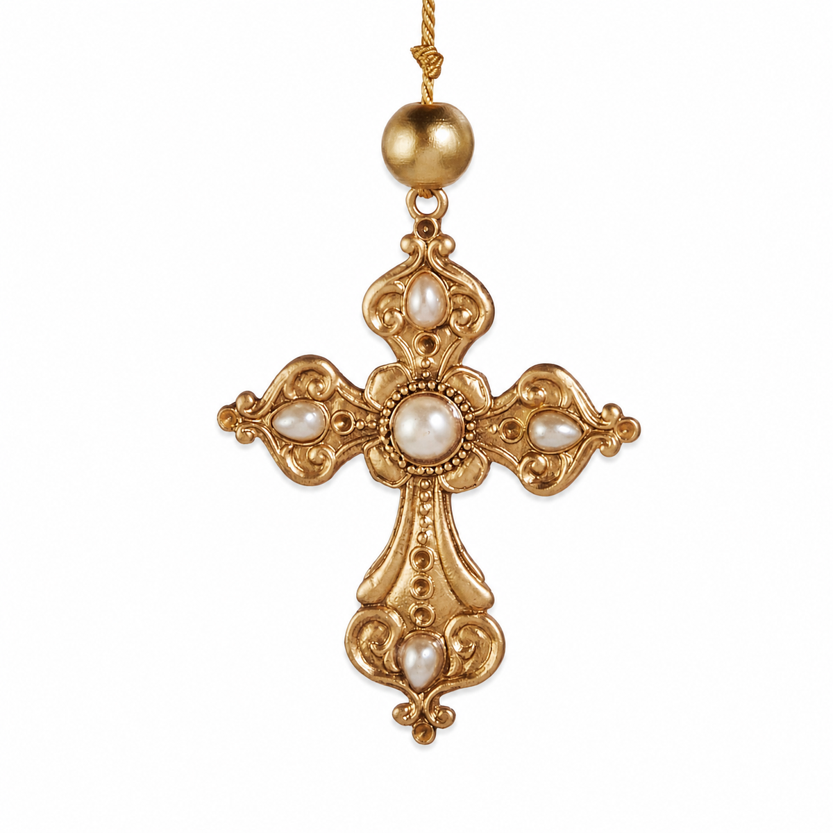 Ornate Gold Cross Ornament with Pearl, Five Pearl Cross design