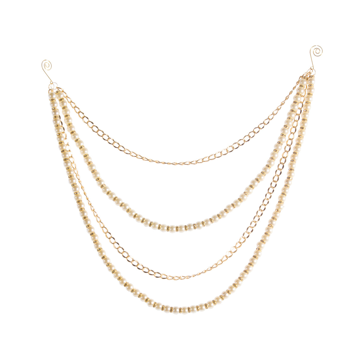 Pearl and Gold Chain Swag Garland, A gold swag garland of four draped tiers, alternating strands of ivory pearls and gold chain, with a spiral hook at each end.